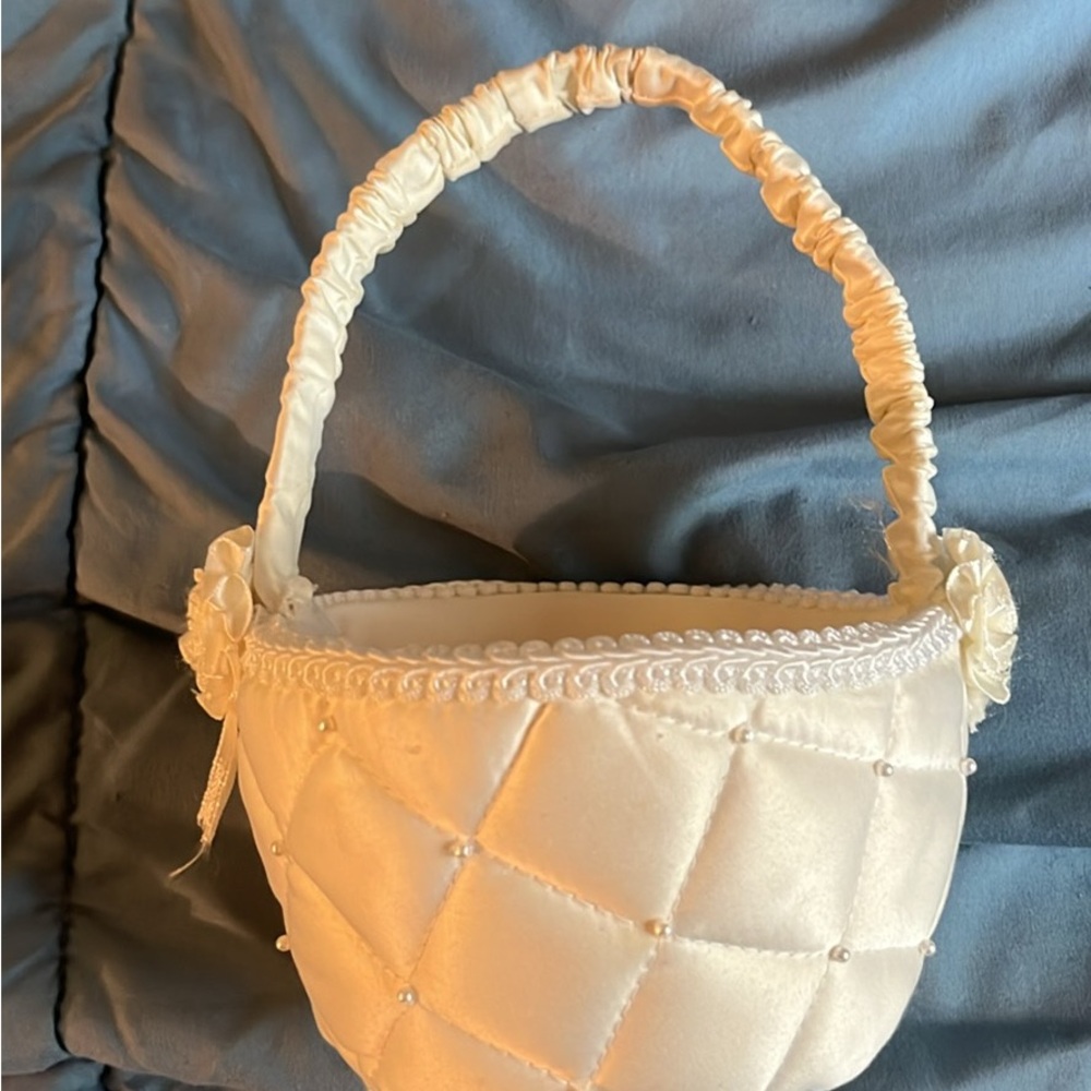 White satin flower girl basket with pearls